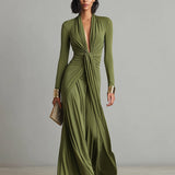 Liliana - Vestido Comprido de Seda Verde Oliva com Decote em V