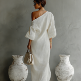 Soraia - Vestido de Linho Cor de Marfim com Ombro a Descoberto