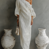 Soraia - Vestido de Linho Cor de Marfim com Ombro a Descoberto