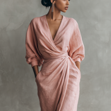 Manuela - Vestido Comprido de Linho Rosa com Decote em V