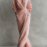 Manuela - Vestido Comprido de Linho Rosa com Decote em V