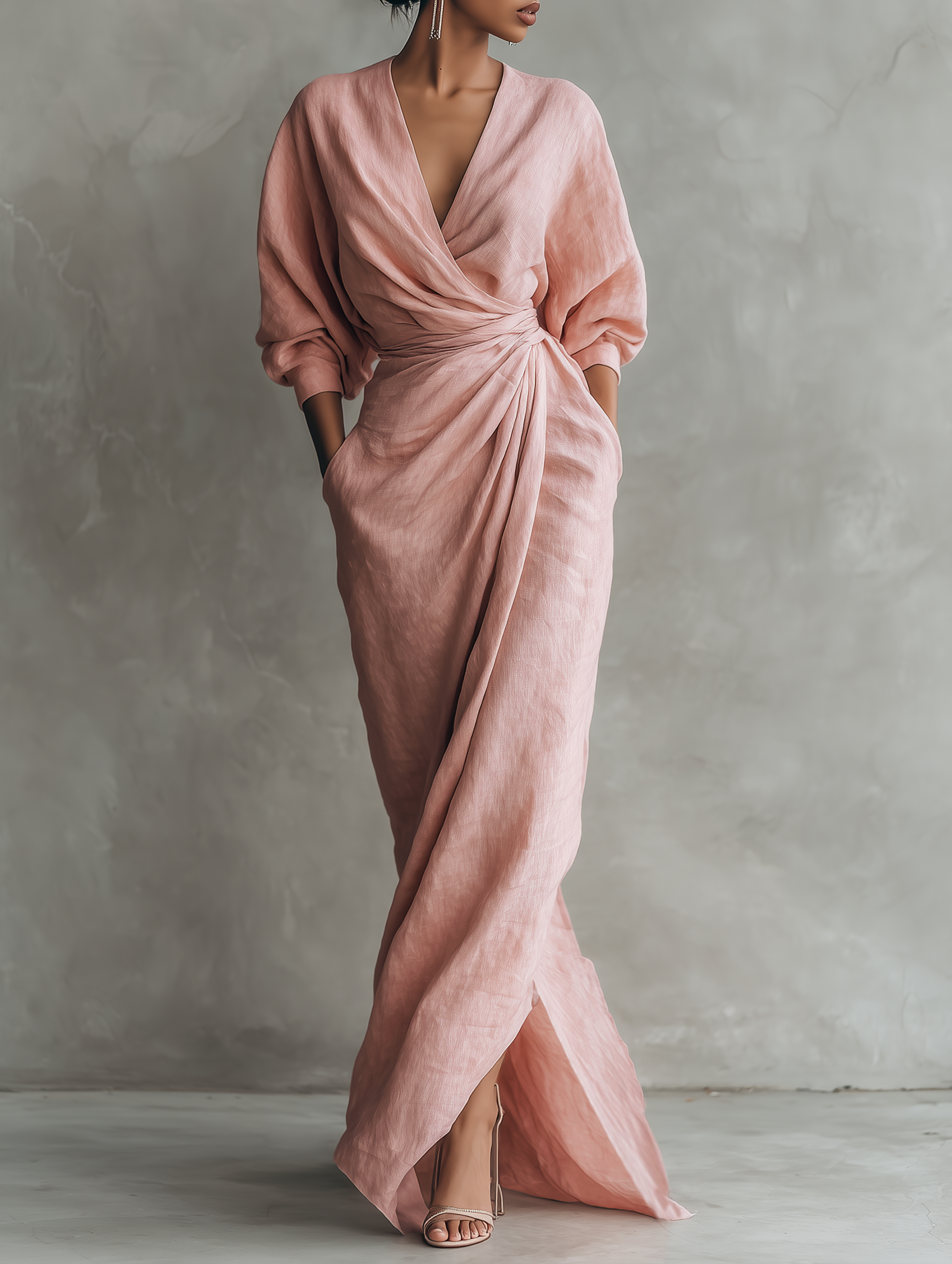 Manuela - Vestido Comprido de Linho Rosa com Decote em V