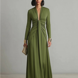 Liliana - Vestido Comprido de Seda Verde Oliva com Decote em V