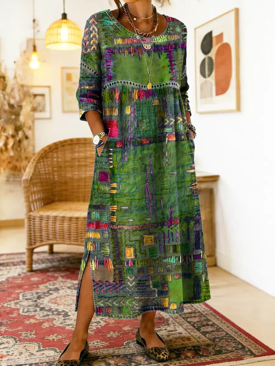 Manuela - Vestido Denim com Patchwork Étnico
