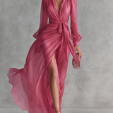 Vânia - Vestido de Chiffon Rosa com Decote em V