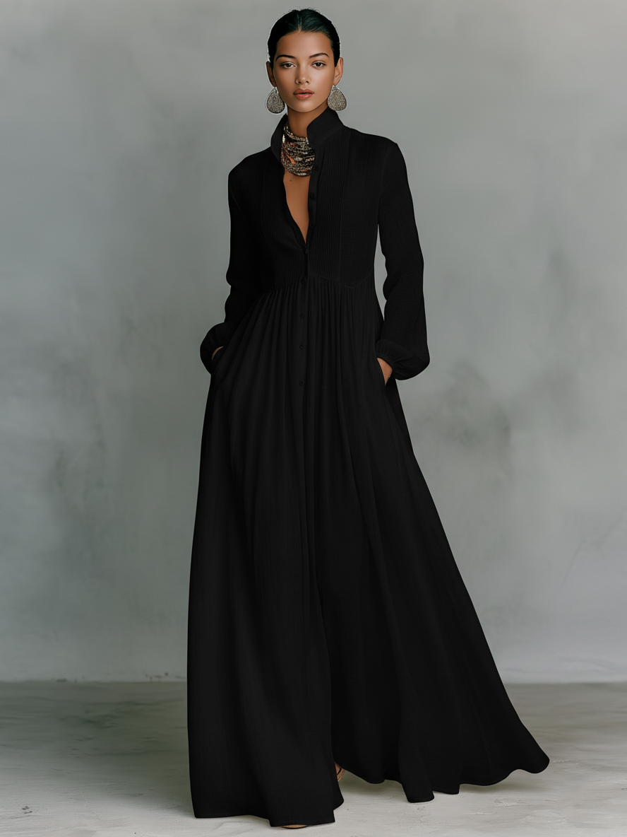 Lena - Vestido maxi minimalista de algodão e linho