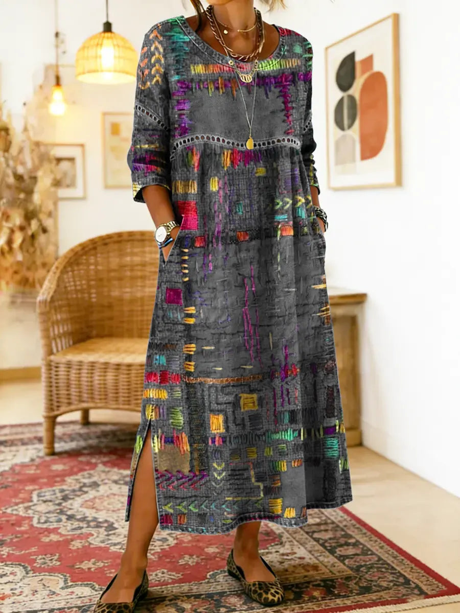 Manuela - Vestido Denim com Patchwork Étnico