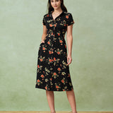 Glória - Vestido Médio Preto Floral