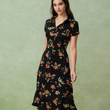 Glória - Vestido Médio Preto Floral