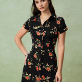 Glória - Vestido Médio Preto Floral