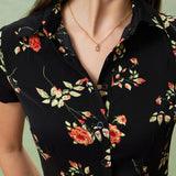 Glória - Vestido Médio Preto Floral