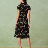 Glória - Vestido Médio Preto Floral