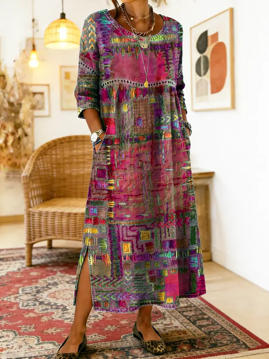Manuela - Vestido Denim com Patchwork Étnico