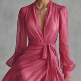 Vânia - Vestido de Chiffon Rosa com Decote em V