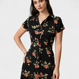 Glória - Vestido Médio Preto Floral