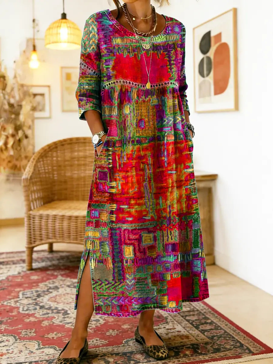 Manuela - Vestido Denim com Patchwork Étnico