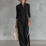 Violeta - Vestido Comprido de Jersey com Gola de Botões