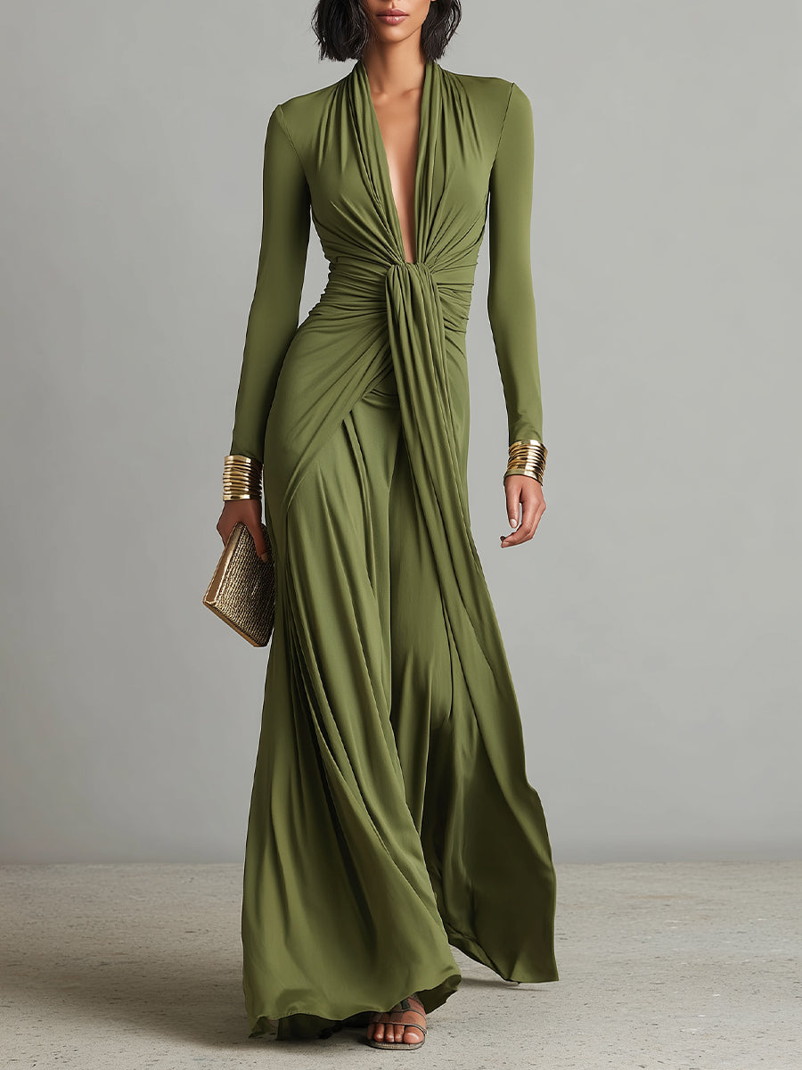 Liliana - Vestido Comprido de Seda Verde Oliva com Decote em V