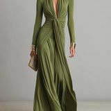 Liliana - Vestido Comprido de Seda Verde Oliva com Decote em V
