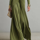 Liliana - Vestido Comprido de Seda Verde Oliva com Decote em V