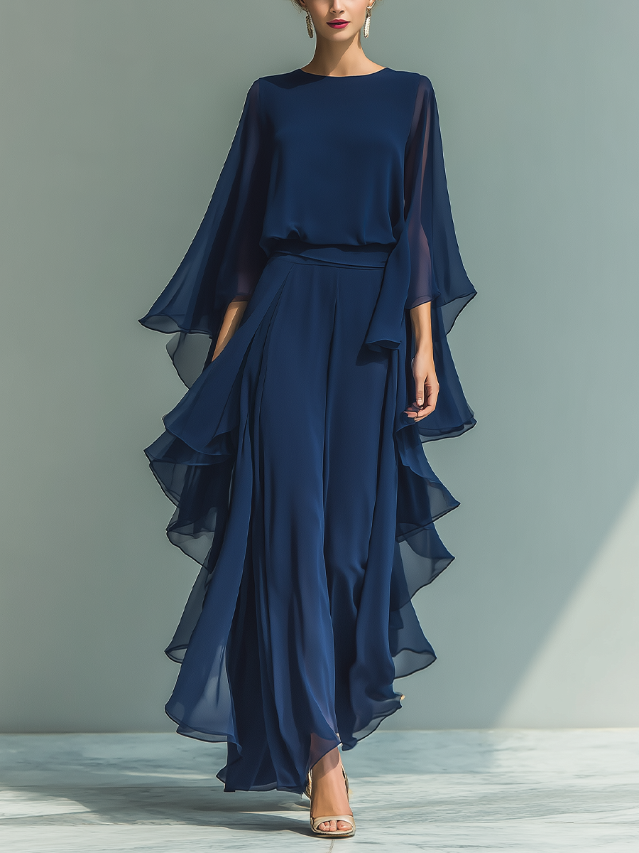 Zélia - Conjunto de Chiffon Azul Marinho com Folhos