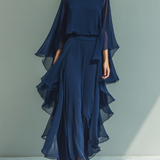 Zélia - Conjunto de Chiffon Azul Marinho com Folhos