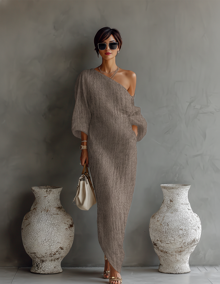 Soraia - Vestido de Linho Cor de Marfim com Ombro a Descoberto