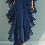 Zélia - Conjunto de Chiffon Azul Marinho com Folhos