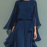 Zélia - Conjunto de Chiffon Azul Marinho com Folhos