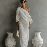 Soraia - Vestido de Linho Cor de Marfim com Ombro a Descoberto