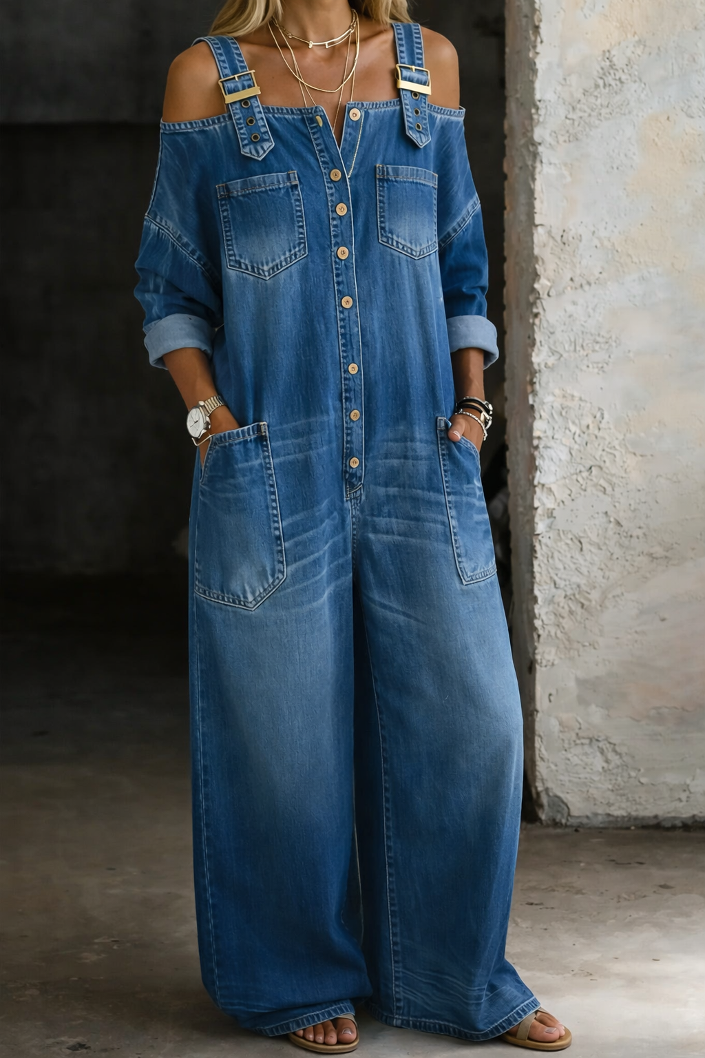Sofia - Macacão Denim com Ombros Descobertos