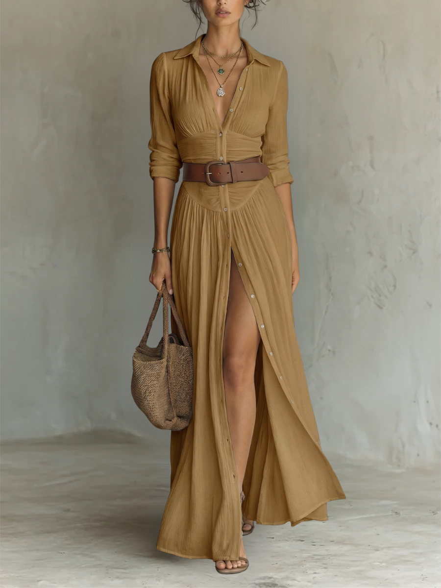 Flávia - Vestido Comprido de Linho com Colarinho de Lapela e Mangas Compridas