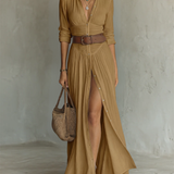 Flávia - Vestido Comprido de Linho com Colarinho de Lapela e Mangas Compridas