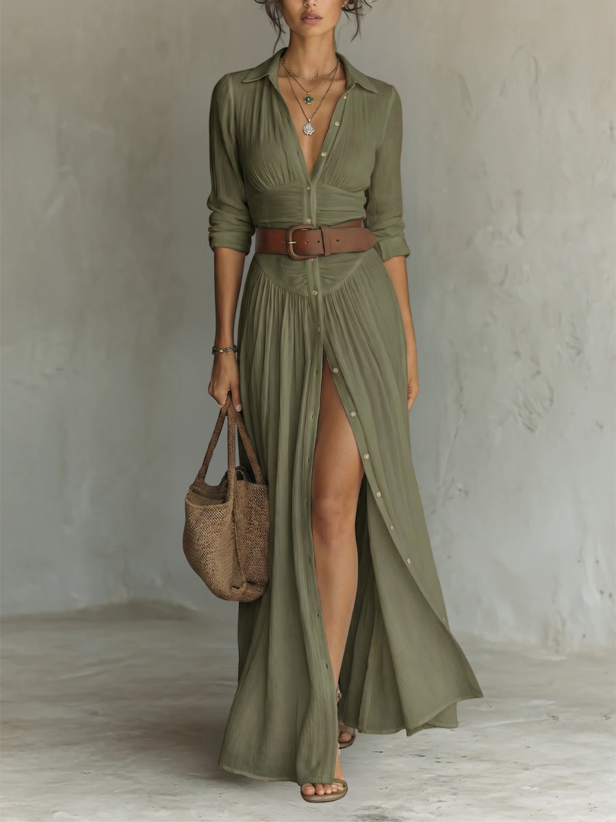 Flávia - Vestido Comprido de Linho com Colarinho de Lapela e Mangas Compridas