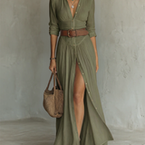 Flávia - Vestido Comprido de Linho com Colarinho de Lapela e Mangas Compridas