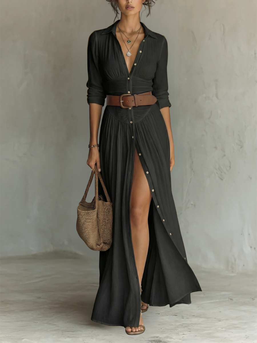 Flávia - Vestido Comprido de Linho com Colarinho de Lapela e Mangas Compridas