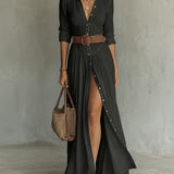 Flávia - Vestido Comprido de Linho com Colarinho de Lapela e Mangas Compridas