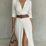 Flávia - Vestido Comprido de Linho com Colarinho de Lapela e Mangas Compridas