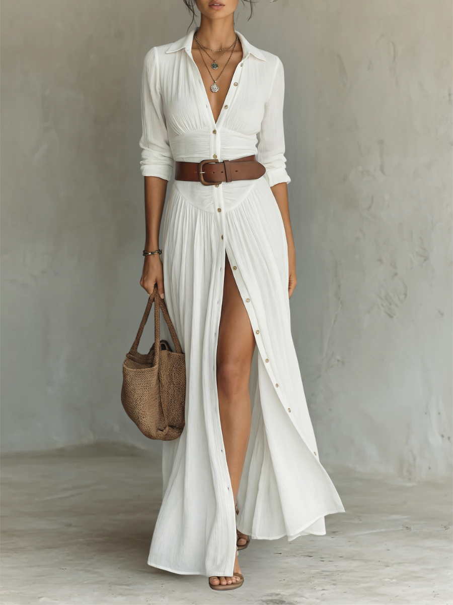 Fernanda - Vestido Comprido de Linho Branco com Pregas