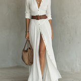 Fernanda - Vestido Comprido de Linho Branco com Pregas