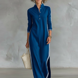 Violeta - Vestido Comprido de Jersey com Gola de Botões