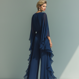 Zélia - Conjunto de Chiffon Azul Marinho com Folhos