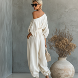 Cristina - Conjunto de Linho Off-Shoulder com Calças