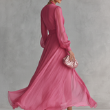 Vânia - Vestido de Chiffon Rosa com Decote em V
