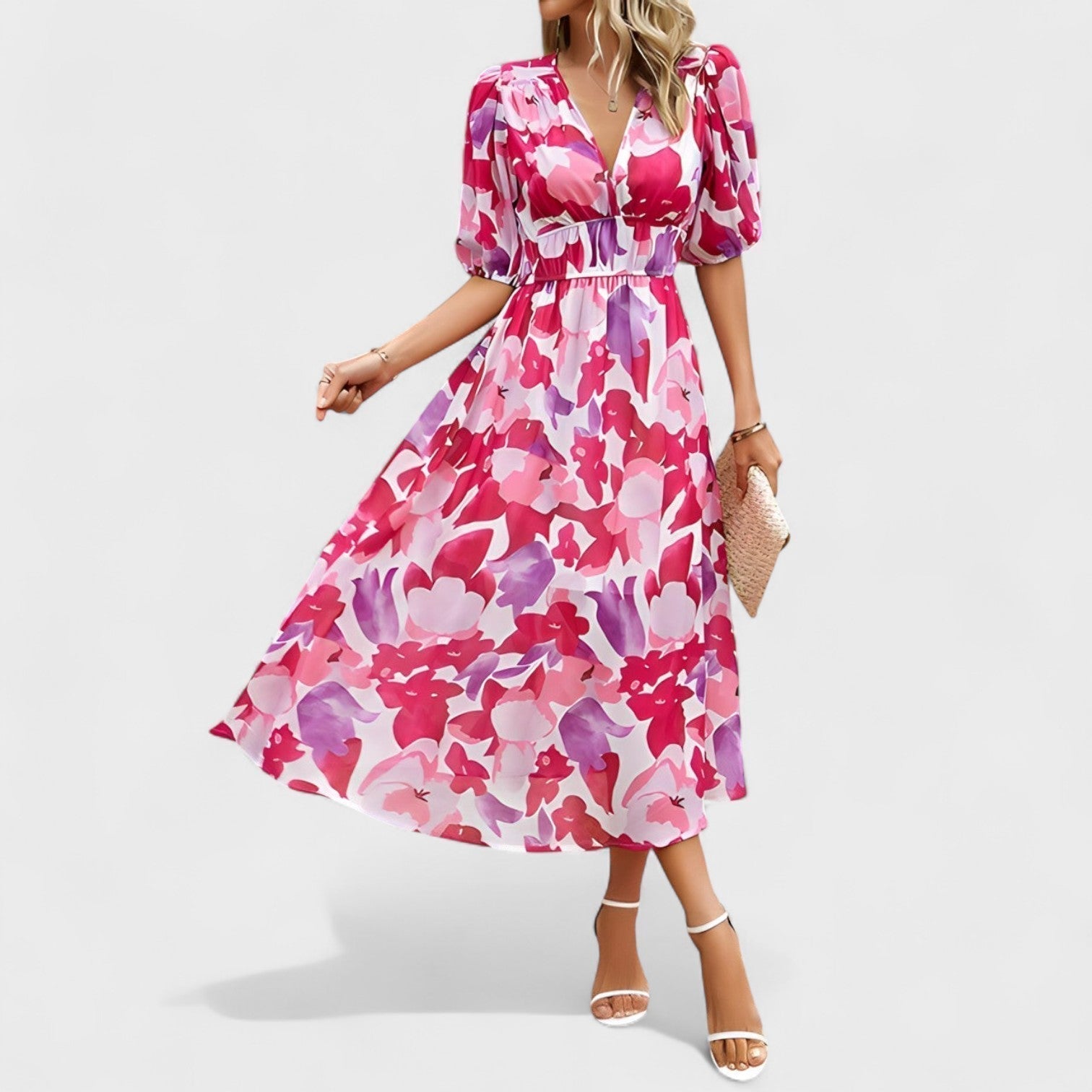 Clara - Vestido Médio Floral Elegante
