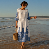 Bianca - Vestido Comprido de Gola Redonda com Estampa