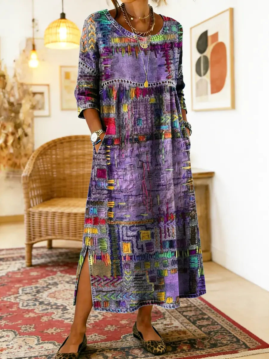Manuela - Vestido Denim com Patchwork Étnico