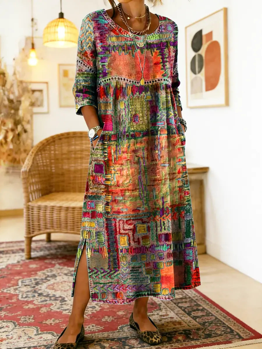 Manuela - Vestido Denim com Patchwork Étnico