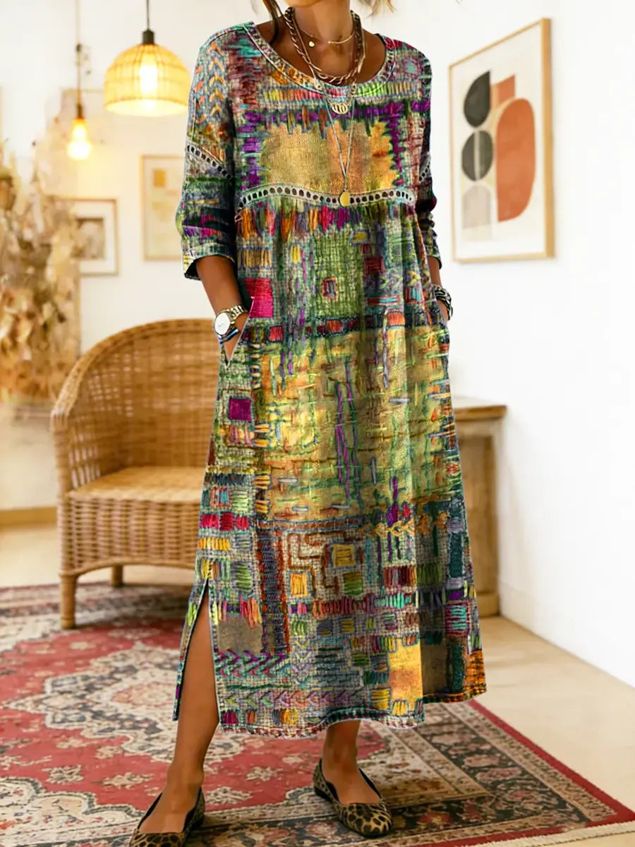 Manuela - Vestido Denim com Patchwork Étnico