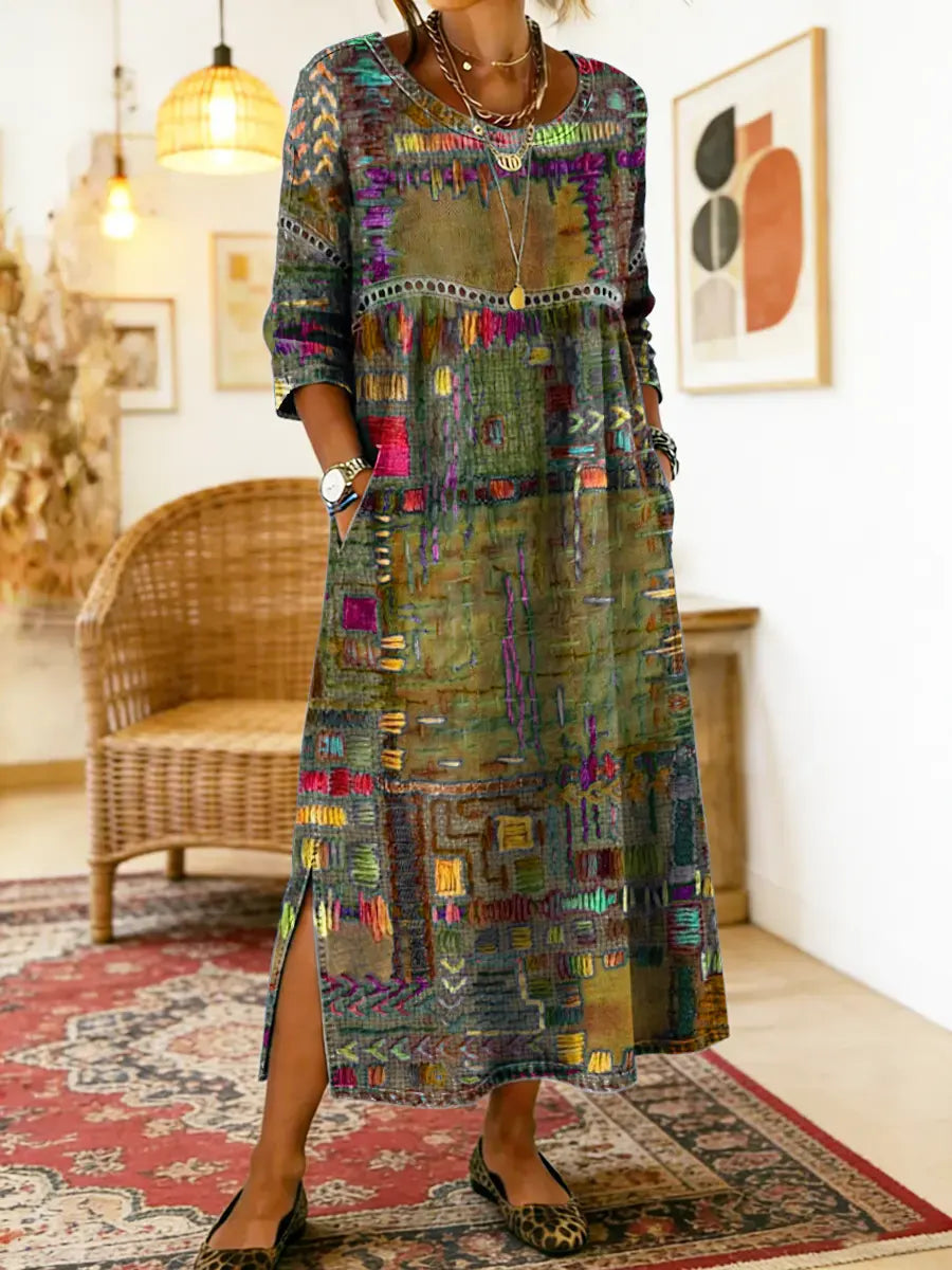 Manuela - Vestido Denim com Patchwork Étnico